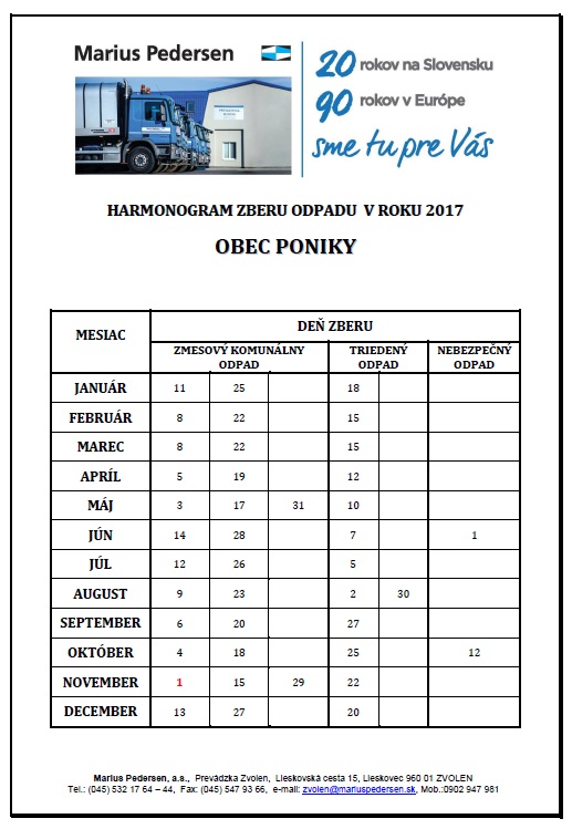 Harmonogram zberu odpadu v roku 2017